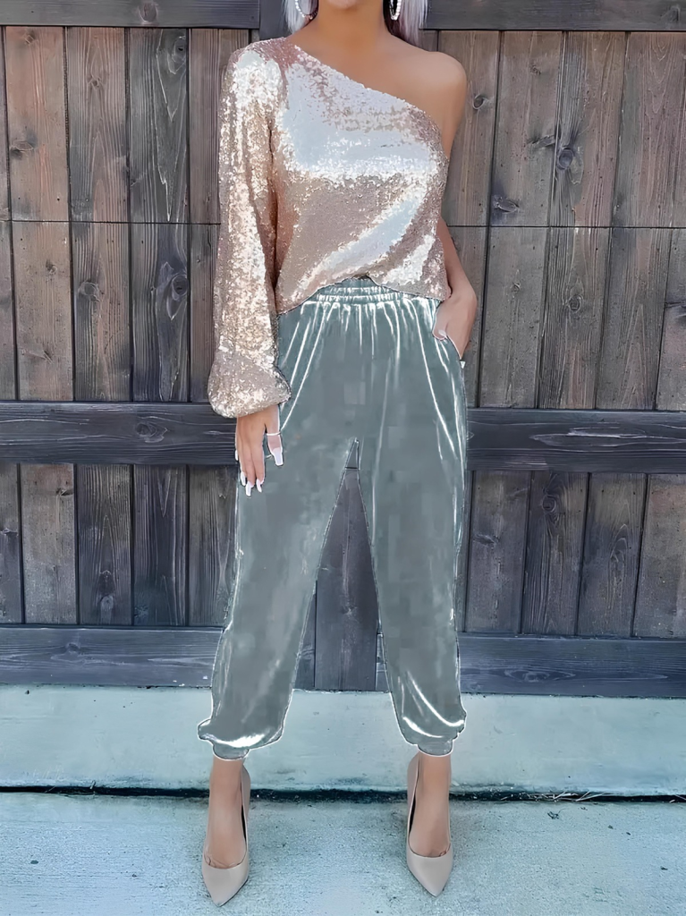 Kadın Beli Lastikli Yüksek Bel Cep Detay Kadife Pantolon - Görsel 3