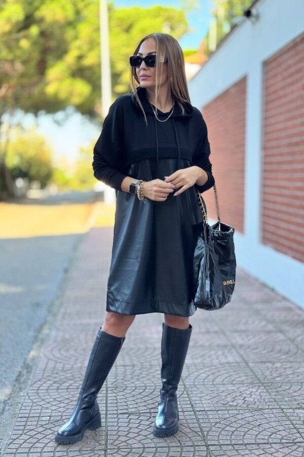 Kadın Uzun Kollu Kapüşon Ve Deri Detay Diz üstü Elbise