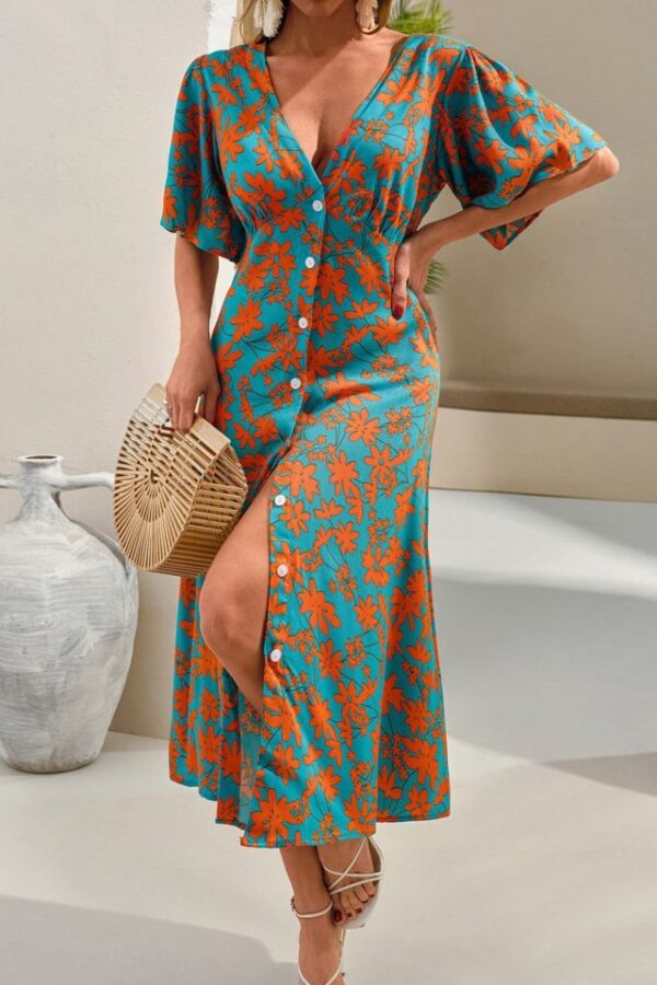 Kadın Dijital Baskılı Göğüs Dekolteli Midi Boy Gömlek Elbise