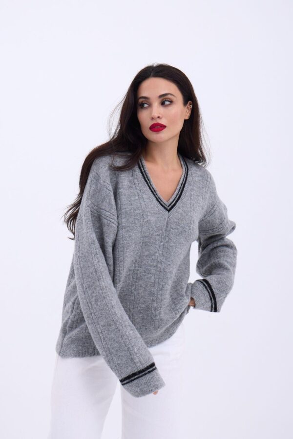 43291 TRİKO V YAKA ÇİZGİLİ KAZAK-GRİ-SİYAH
