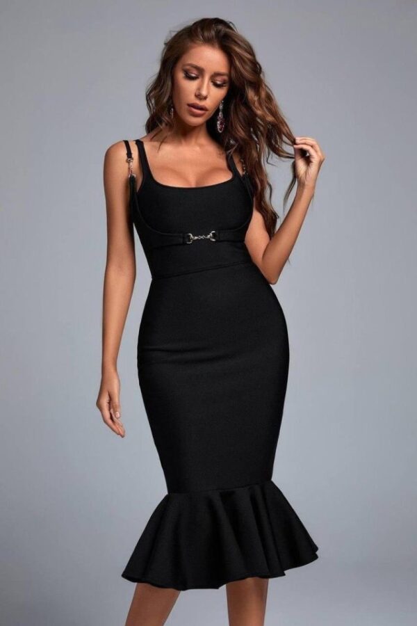 Kadın Omuz Askılı Sırt Dekolteli Interlok Kumaş Midi Kalem Elbise