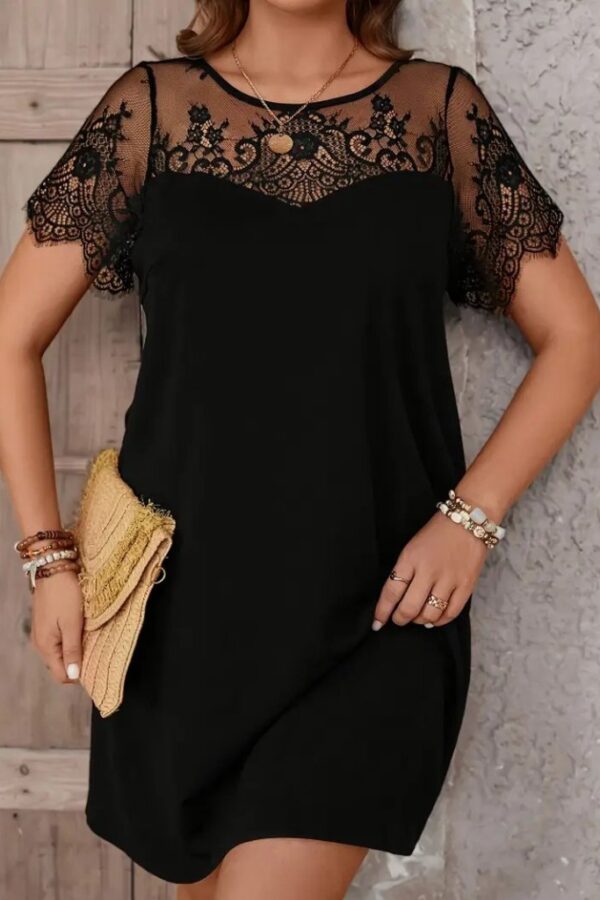 Kadın Kısa Kollu Dantel Bisiklet Yaka Ve Kol Dantel Detaylı Janjan Krep Elbise