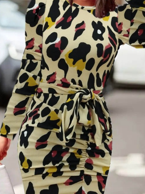 Kadın Uzun Kollu Yuvarlak Yaka Belden Kuşaklı önden Yırtmaçlı örme Krep Elbise - Görsel 6