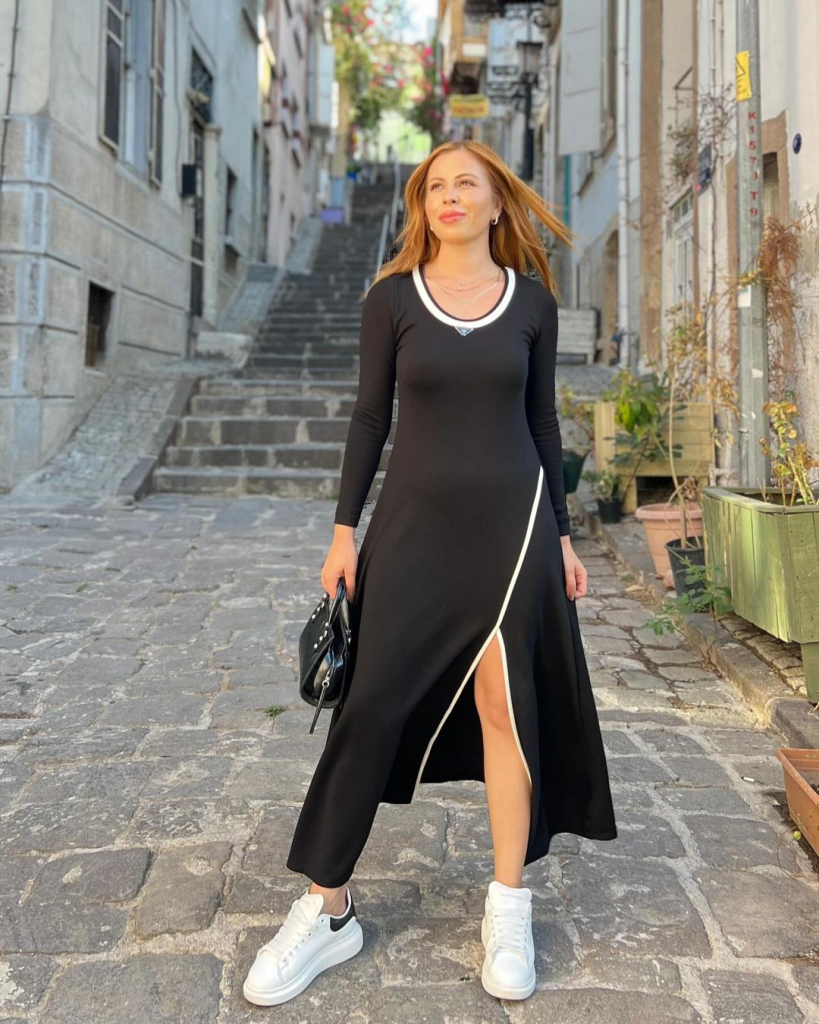 Kadın Uzun Kollu Yuvarlak Ribana Yaka Yırtmaçlı Uzun Viskon Iki Iplik Elbise - Görsel 5