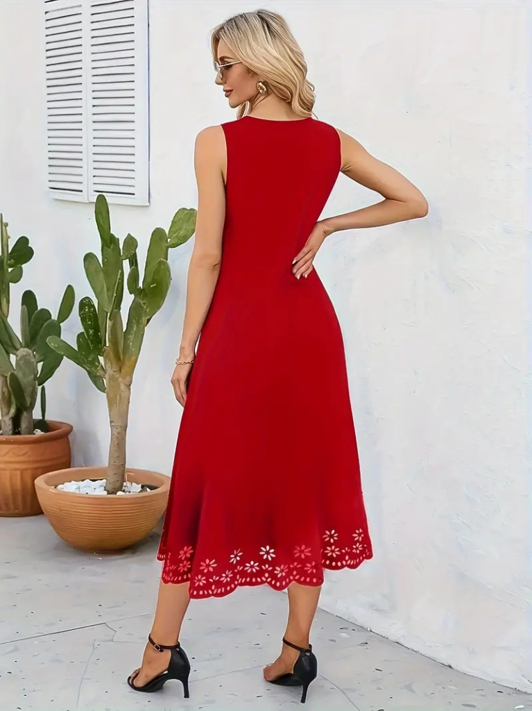 Kadın Kolsuz Etek Ucu Lazer Kesim çiçek Desenli Midi Boy Janjan Krep Elbise - Görsel 20