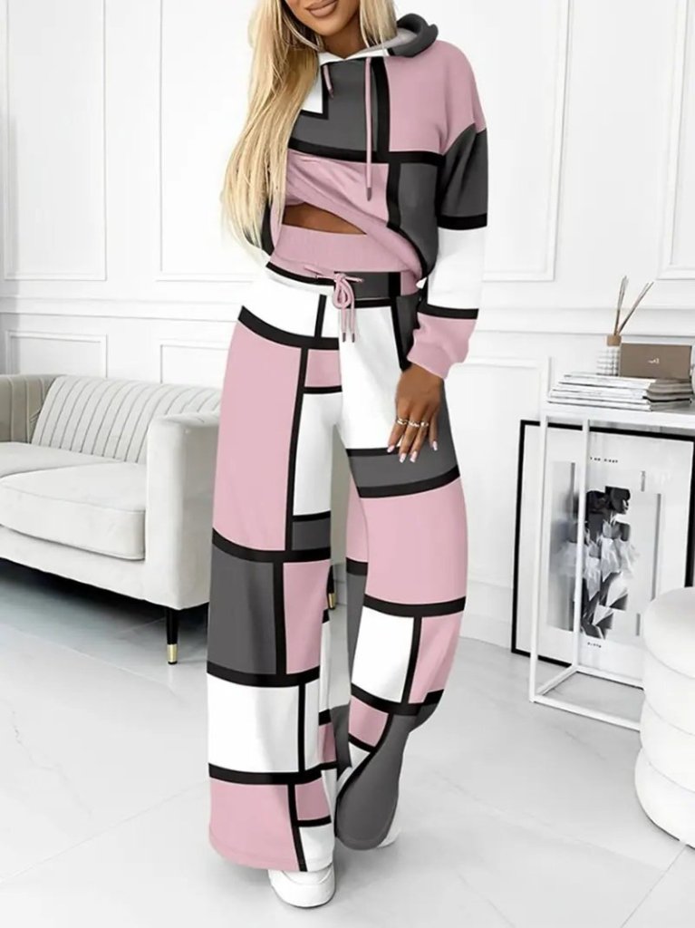 Kadın Uzun Kollu Kapşonlu Bağcıklı Desenli Iki Iplik Bluz Ve Pantolon Ikili Takım - Görsel 4