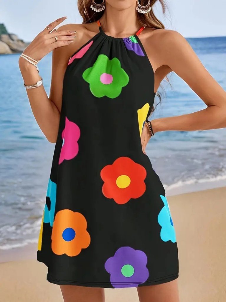 Kadın Boyundan Askılı Kolsuz çiçek Desenli Süprem Elbise - Görsel 2