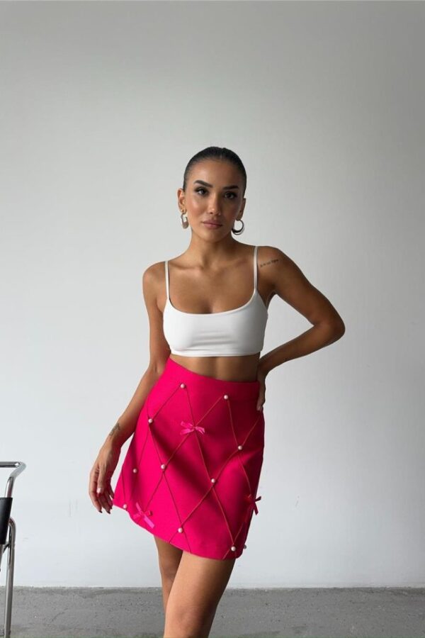 İNCİ KURDELE DETAYLI KISA ETEK - Fuşya