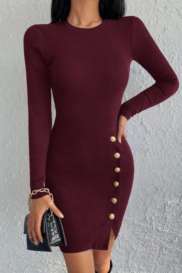 Kadın Bordo Uzun Kollu Bisiklet Yaka Yan Yırtmaç Düğme Detay Kısa Kaşkorse Elbise
