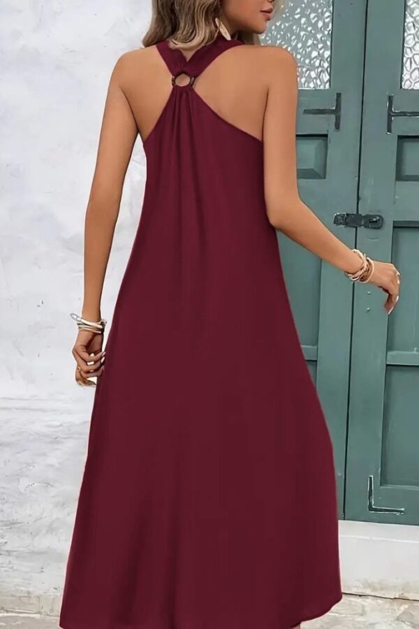 Kadın Askılı V Yakalı Halka Detaylı Maksi Boy Viskon Elbise