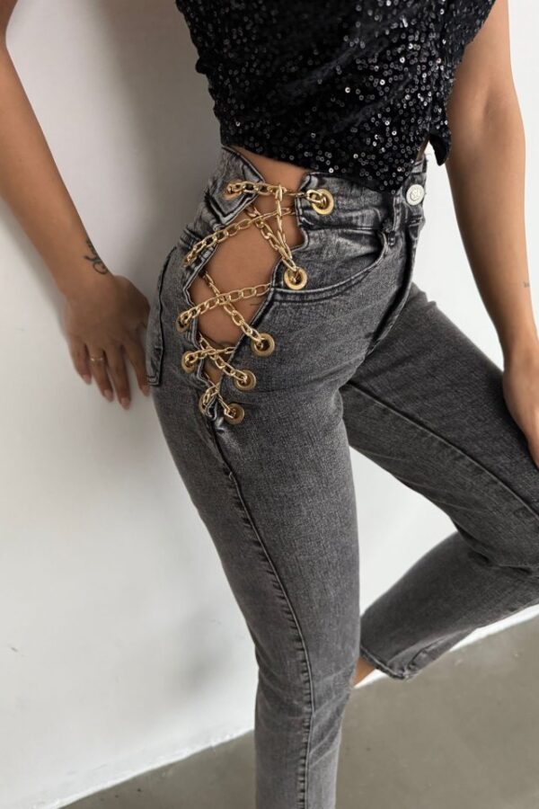 Kadın Yandan Zincir Ve Kuş Gözü Detaylı Jean Kot Pantolon