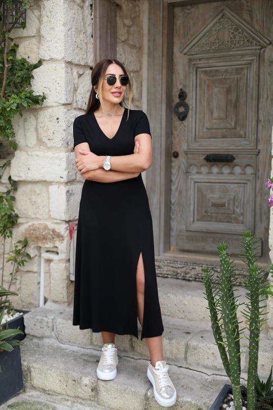 Kadın Kısa Kollu V Yaka Maxi Boy Elbise 124 Cm - Görsel 5