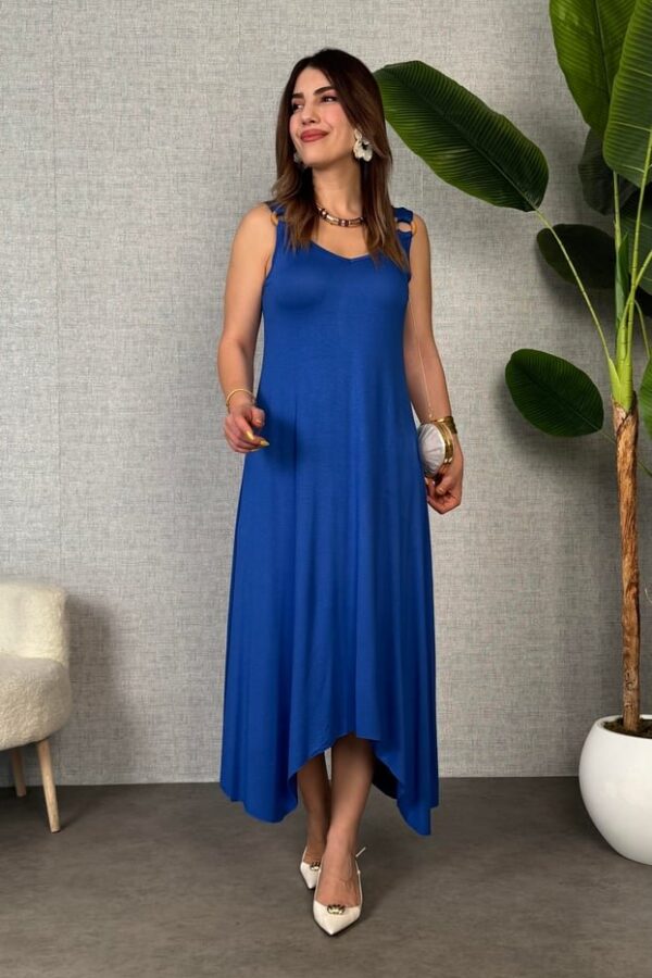 Kadın çan Dokuma Kumaş V Yaka Asimetrik Kesim Elbise