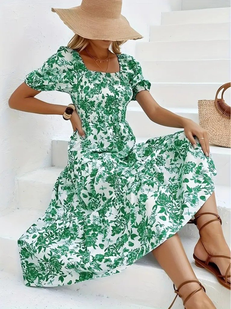 Kadın Kısa Kollu Kare Yakalı Lastikli Desenli Süprem Elbise - Görsel 8