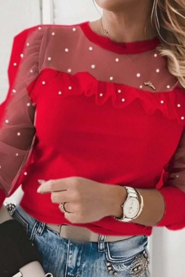 Kadın Uzun Kollu Inci Detaylı Tüllü Viskon Bluz