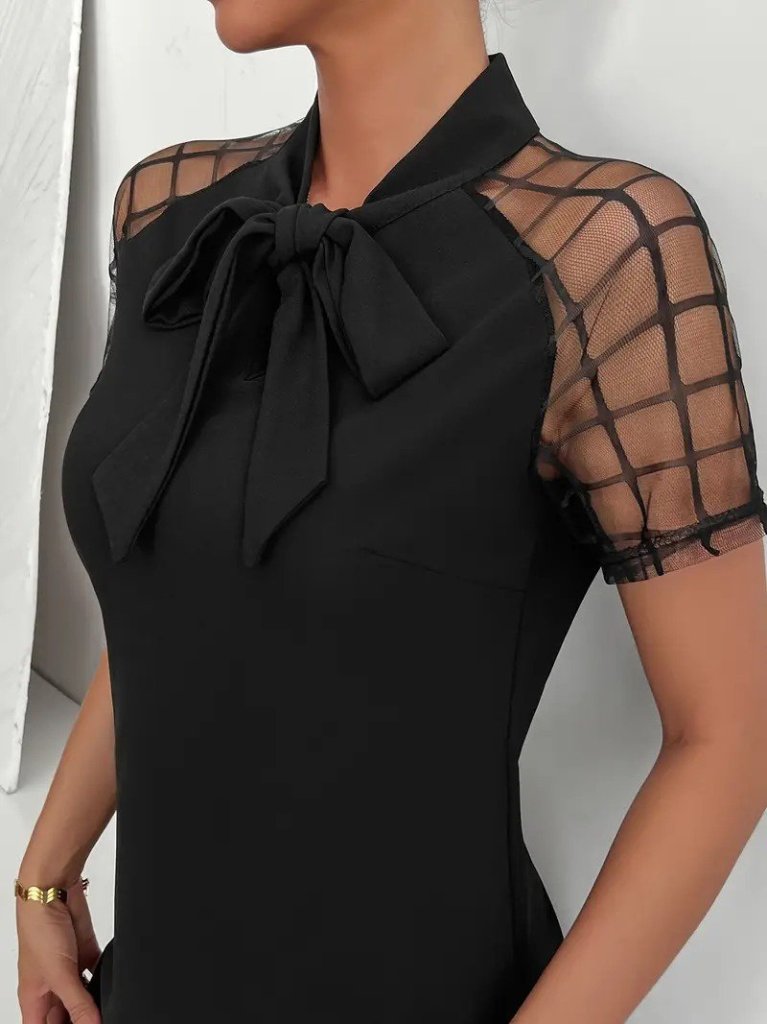 Kadın Kısa Kollu Boyundan Bağlamalı Omuzlarda Tül Detaylı Janjan Krep Elbise - Görsel 2