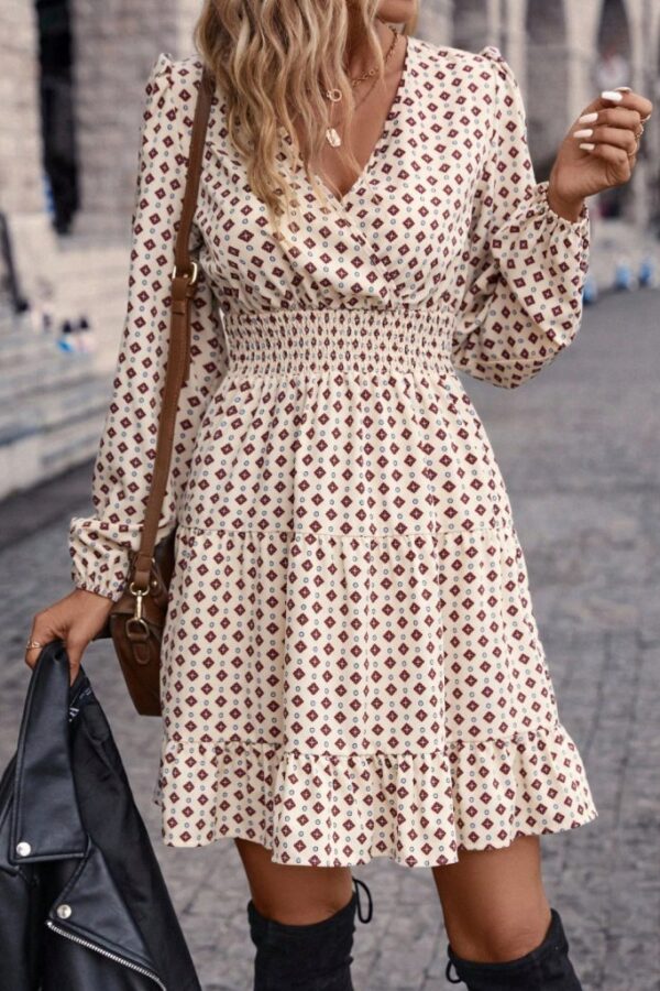 Kadın Uzun Kollu Kruvaze Yaka Desenli Mini Modal Elbise