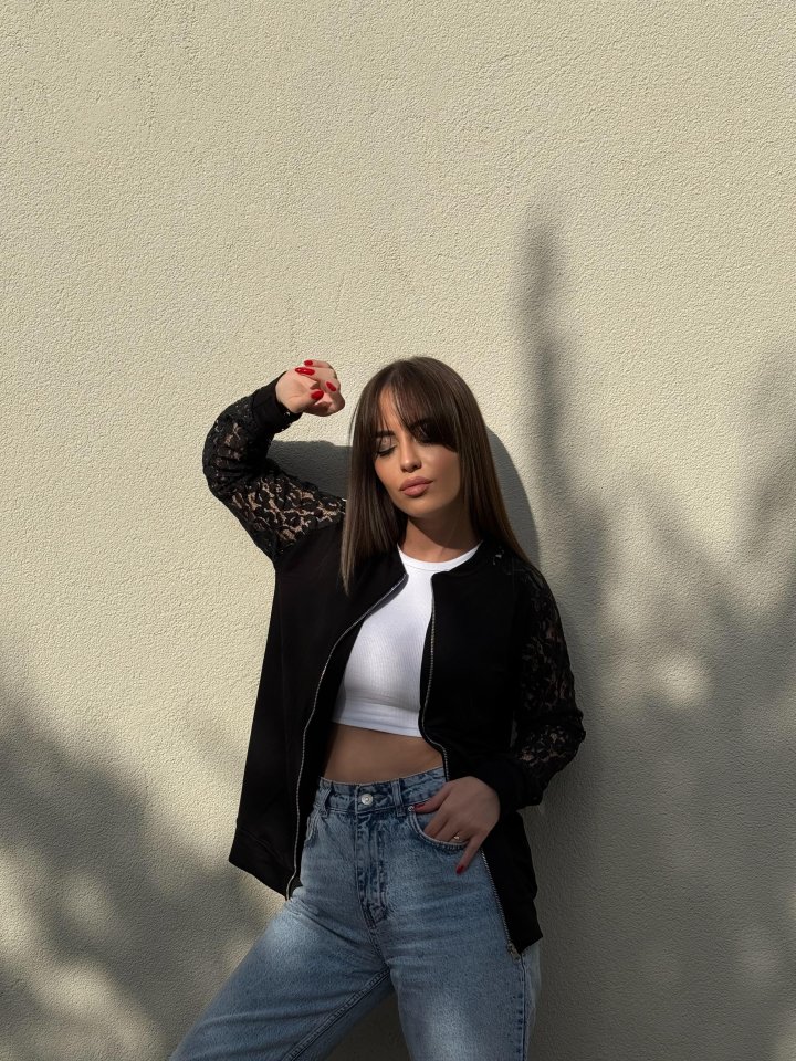 Kadın Uzun Kollu Kolları Dantel Detay önden Fermuarlı Viskon Iki Iplik Ceket - Görsel 3