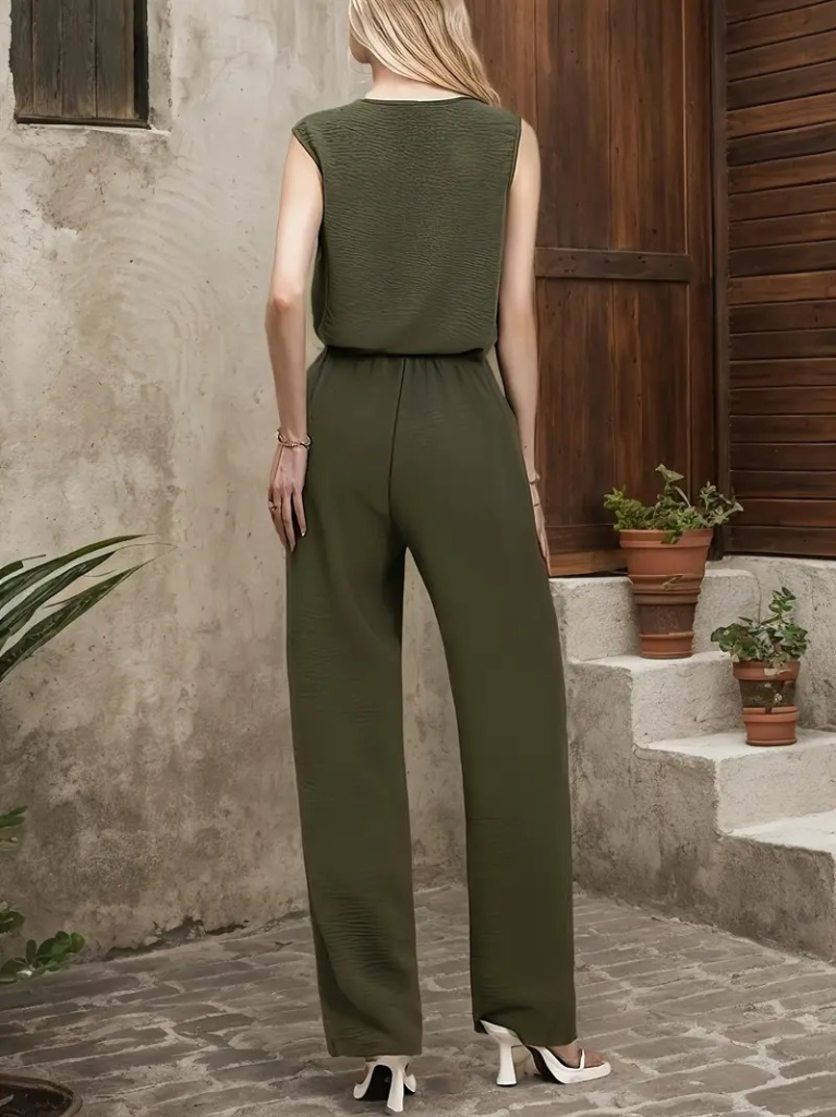 Kadın Kolsuz V Yakalı Aerobin Bluz Ve Belden Kuşaklı Pantolon Ikili Takım - Görsel 5