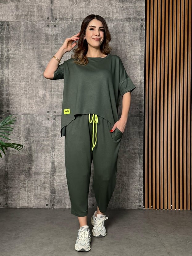 Kadın Kısa Kollu Bisiklet Yaka Viskon Iki Iplik Bluz Ve Pantolon Ikili Takım - Görsel 9