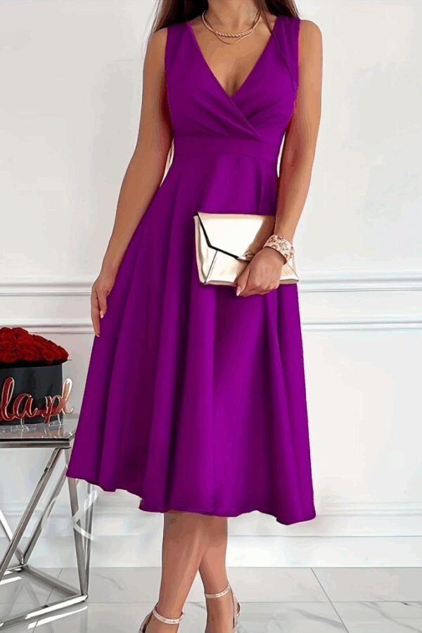 Kadın Ithal Krep Kumaş Kruvaze Yaka Eteği Kloş Kolsuz Mini Elbise