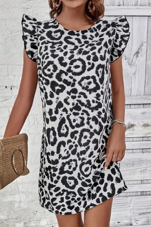 Kadın Kısa Kollu Kolları Fırfır Detay Arkası Bağlamalı Leopar Desen Kolsuz Mini Mikro Elbise