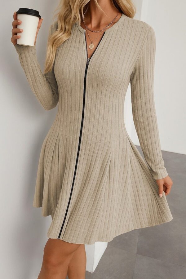 Kadın Uzun Kollu önden Fermuarlı Pileli şardonlu Kaşkorse Mini Elbise