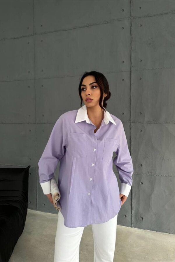 KOL VE MANŞET BEYAZ KAPALI PİLE DETAYLI GÖMLEK - Lila