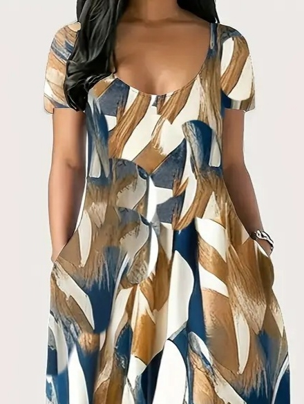 Kadın Kısa Kollu Yuvarlak Yaka Cepli Salaş Baskılı Süprem Elbise - Görsel 6