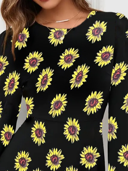 Kadın Uzun Kollu Bisiklet Yaka Desenli Kısa Krep Elbise - Görsel 10