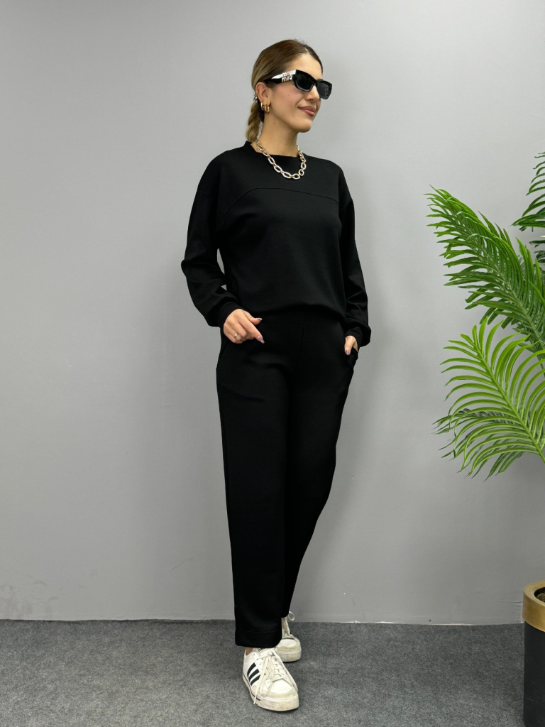 Kadın Uzun Kollu Bisiklet Yaka Viskon Iki Iplik Bluz Ve Pantolon Ikili Takım - Görsel 14