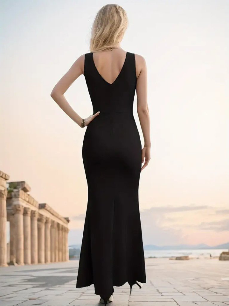 Kadın Askılı Kruvaze Yaka Yırtmaç Detaylı Janjan Krep Elbise - Görsel 4