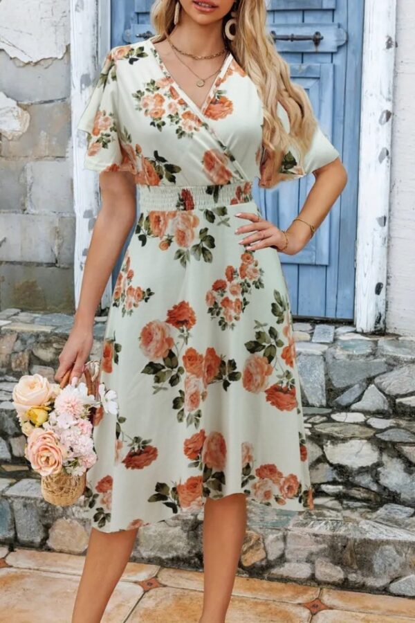 Kadın Kısa Kollu Kruvaze Yakalı Desenli Süprem Kısa Elbise