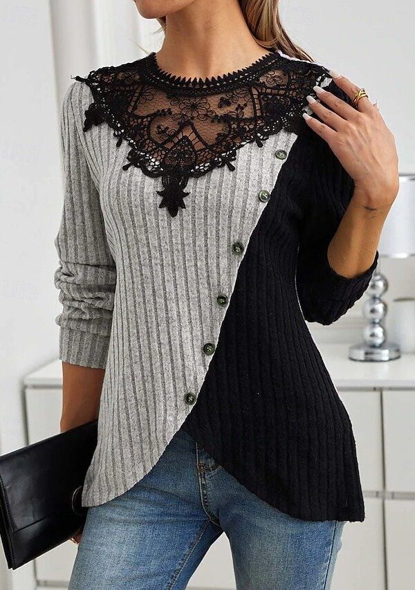 Kadın Uzun Kollu Dantel Yaka Yandan Düğmeli şardonlu Kaşkorse Bluz