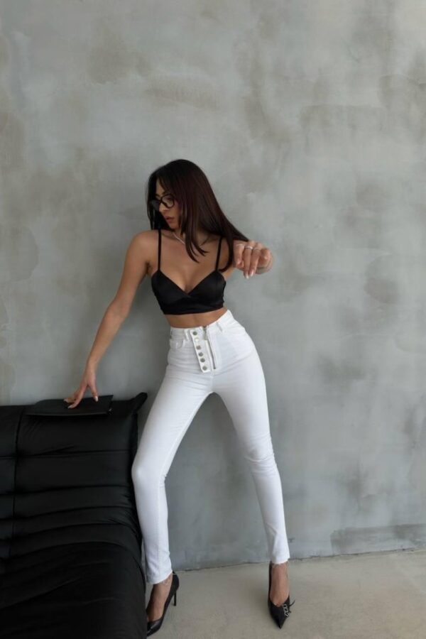 DÜĞME VE FERMUARLI KOT PANTOLON - Beyaz