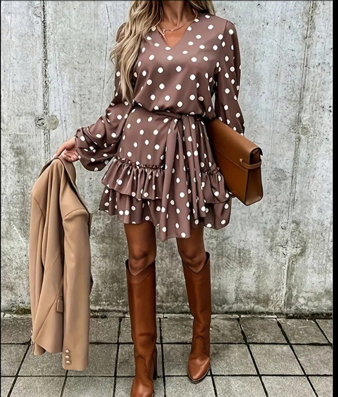 Kadın Uzun Kollu V Yakalı Belden Kuşaklı Puantiyeli Mini Modal Elbise - Görsel 5