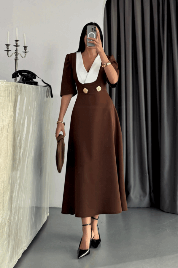 TASARIM ELBİSE CEKET YAKA GOLD DÜĞME DETAYLI KISA KOL - Kahverengi