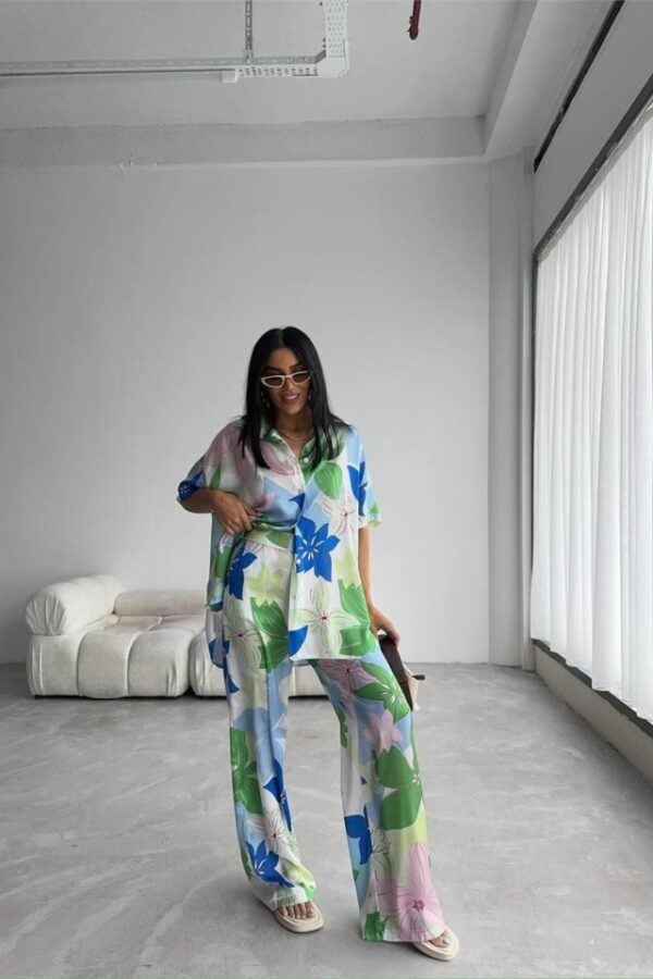 YEŞİL BÜYÜK ÇİÇEK DESEN SATEN GÖMLEK-PANTOLON TAKIM - Yeşil