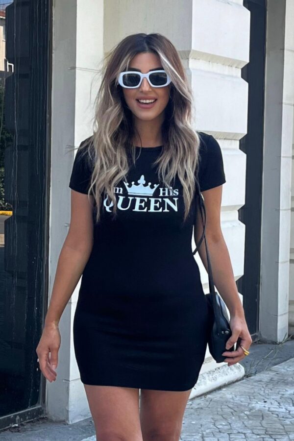 Kadın Kısa Kollu Queen Baskı Iki Iplik Mini Elbise