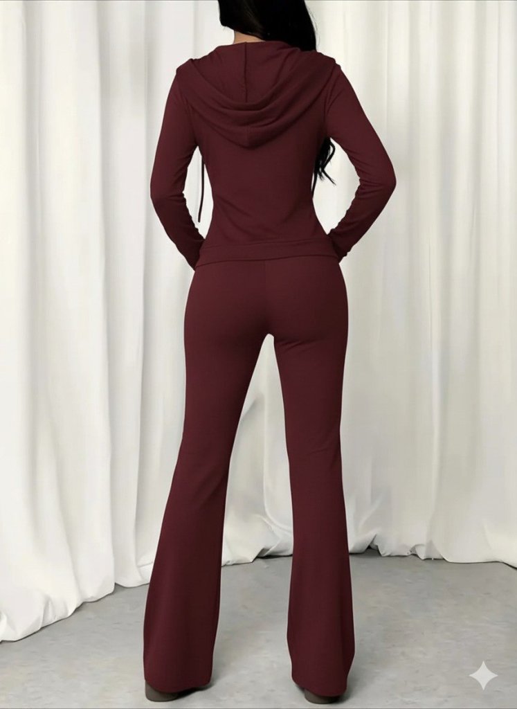 Kadın Uzun Kollu Kapşonlu Bağcıklı önü Fermuarlı Viskon Iki Iplik Bluz Ve Pantolon Ikili Takım - Görsel 12