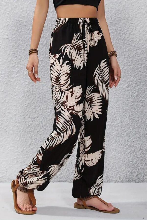 Kadın Yüksek Bel Bağcıklı Yaprak Desenli Süprem Pantolon
