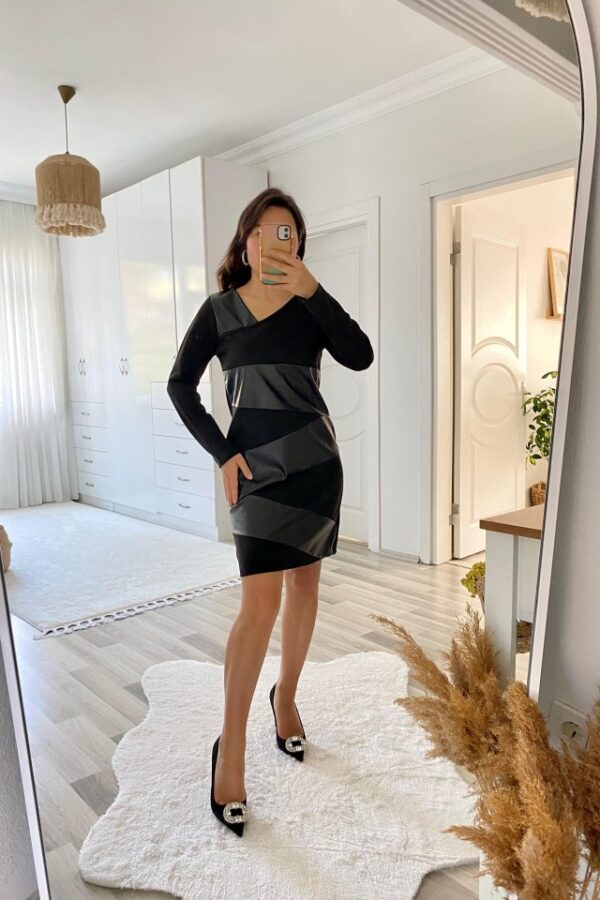 Kadın Uzun Kollu Asimetrik Yaka Süet Ve Deri Mini Boy Elbise