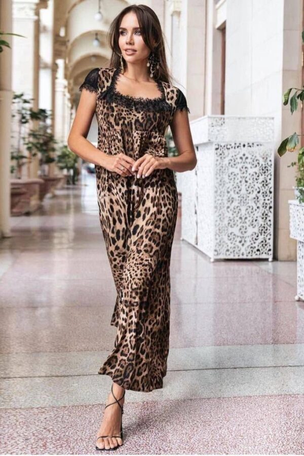 Kadın Leopar Desenli Dantelli Jesica Kumaş Maxi Boy Elbise