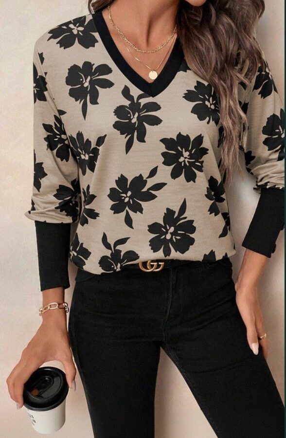 Kadın Uzun Kollu V Yakalı Desenli Süprem Bluz