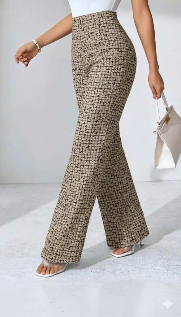 Kadın Yüksek Bel Paçaya Doğru Geniş Dokuma Pantolon - Görsel 16