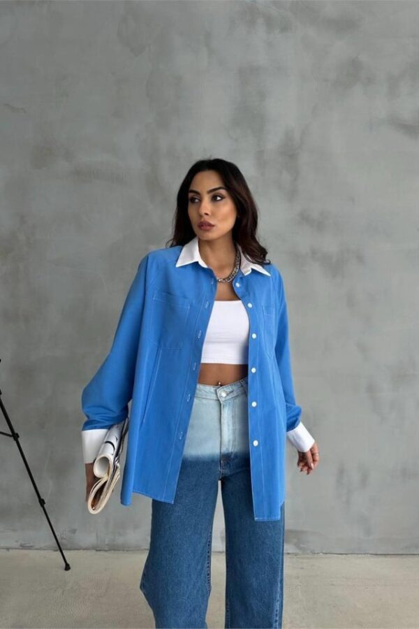 KOL VE MANŞET BEYAZ KAPALI PİLE DETAYLI GÖMLEK - Mavi