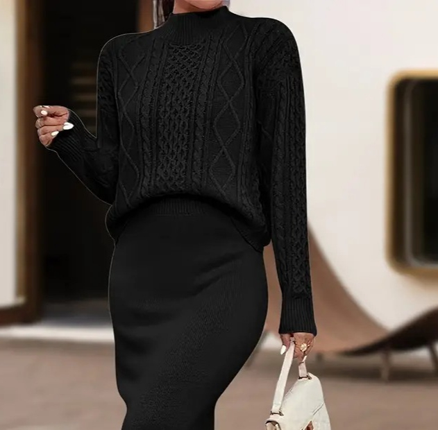 Kadın Uzun Kollu Balıkçı Yaka Bluz Ve Etek Ikili Triko Takım - Görsel 6