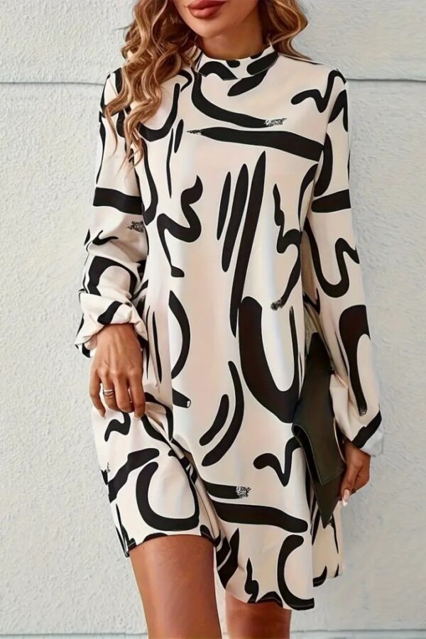 Kadın Uzun Kollu Yarı Balıkçı Yaka Desenli Kısa Dalgıç Elbise