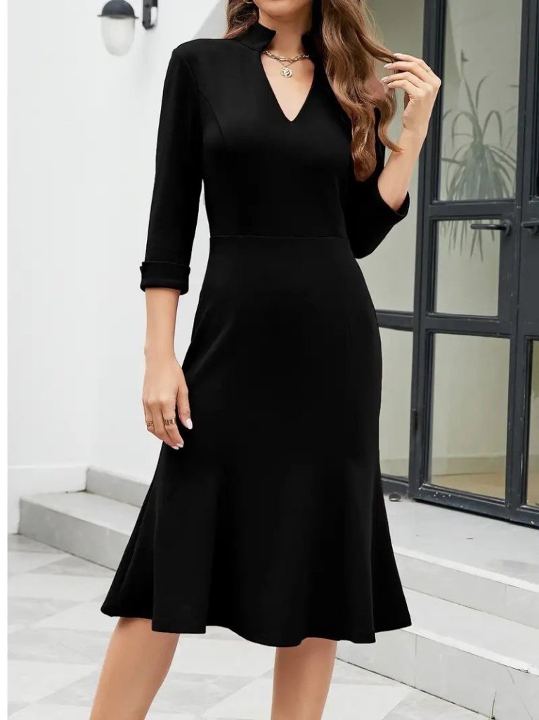 Kadın Truvakarkol V Yakalı Midi Ithal Krep Elbise - Görsel 2