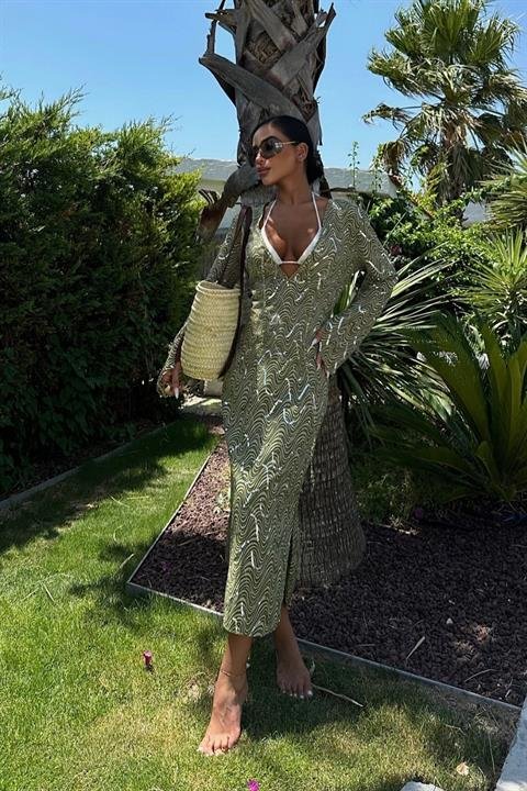 Caitlin Desenli Yırtmaç Detay Elbise 2410-08